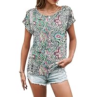 WNEEDU Tee Shirt Femme Col Rond Haut Manche Courte Top Décontracté Été T-Shirt Manche Chauve-Souris Chemisier avec Boutons Fleur Verte du Palais L