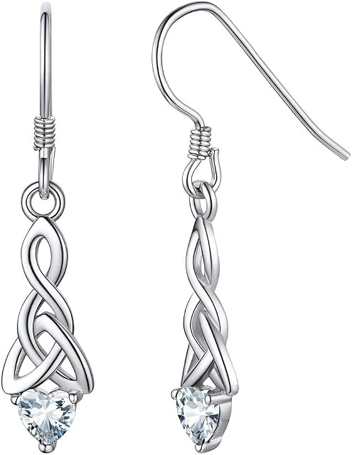 925 Sterling Silver Celtic Knot with Heart Birthstone Drop Earrings For Women Fits Sensitive Ears Simulated Birthstone Jewelry(Gift Wrapped)