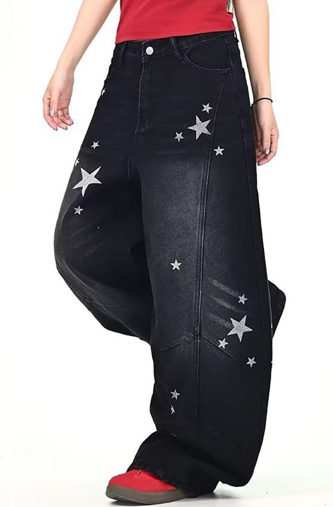 High Waisted Baggy Black Star Print Jeans for Women Trendy Y2K Retro Street Wide Leg Curved Knife Trousers Pants
