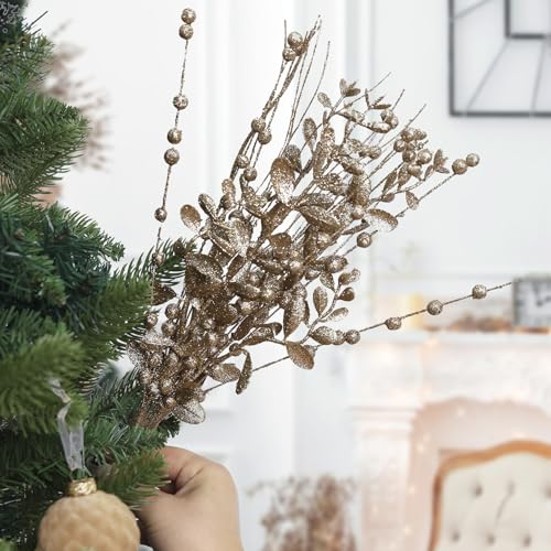 CristBest 24-Pack Christmas Tree Picks Ornaments, Artificial Glitter Berry Stem Glittery Twigs Ornaments for Christmas Tree Decorations, Small Vase, Holiday, Wedding, Party Decorations (Champagne) - image 5