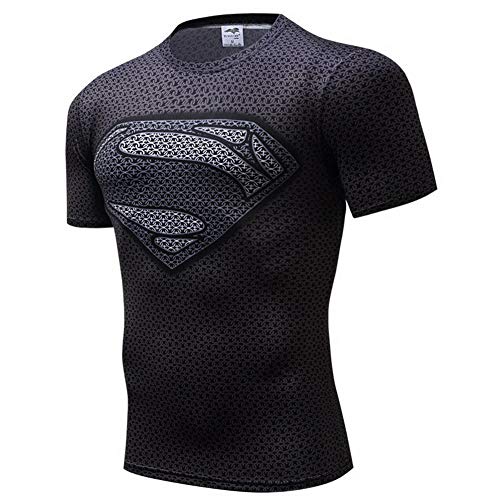 HOOLAZA Superman Black Man Short Sleeve Compression Men's T-Shirt Fitness Sport Gym Compression Avengers Short Shirt Gym Training T-Shirt