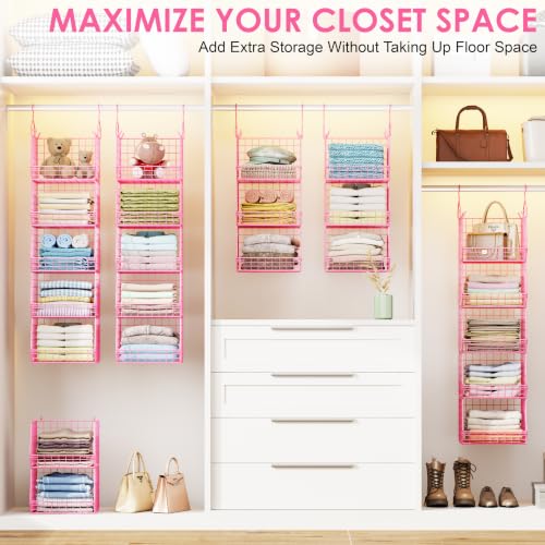 Image of 5 Tier Closet Hanging Organizer, Clothes Hanging Shelves with 4 Hanging Hooks 5 S Hooks, Wire Storage Basket Bins, for Clothing Sweaters Shoes Handbags Clutches Accessories Patent Design-Pink