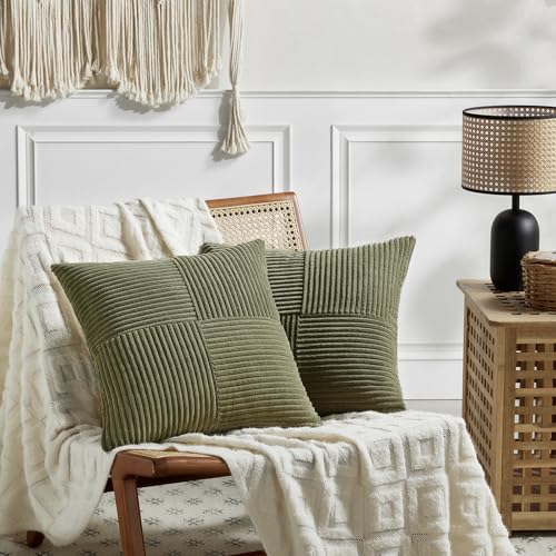 Image of Fancy Homi 2 Packs Olive Green Samll Decorative Throw Pillow Covers 14x14 Inch with for Couch Bed Sofa, Rustic Farmhouse Boho Home Decor, Soft Corss Patchwork Corduroy Square Cushion Case 35x35 cm