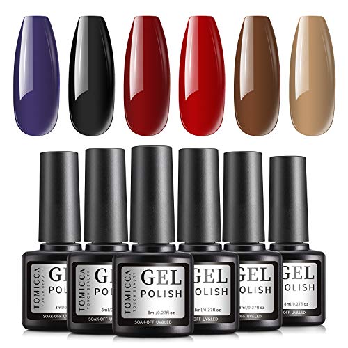 TOMICCA Gel Nail Polish Set, Red Brown Black, 6 Dark Color Gel Polish Kit, Soak Off Gel Polish Starter Kit, UV LED Gel Manicure for Home & Salon, No Chip, Non Toxic - 6 × 8ml