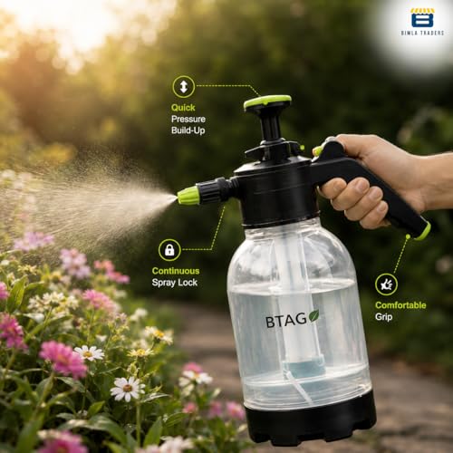 Image of Btag 2L Manual Pressure Spray Pump with Long Nozzle, Adjustable Sprayer for Gardening, Plant Watering & Home Cleaning. (PS001 Transparent Green)
