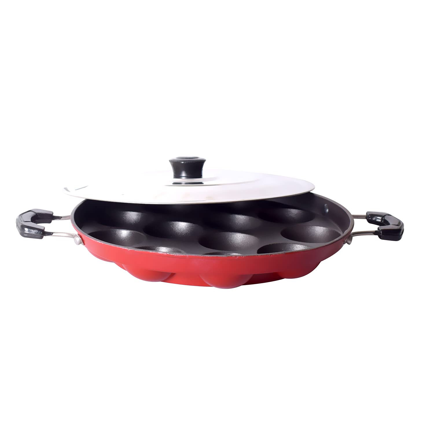 Hometronics Non Stick 12 Cavity Aluminium Appam Patra/Ponganal Pan Appe Maker Paniyaram Pan (Aluminium - Red- Kulipaniyaram Chatti Non Stick - Appam Patra Non Stick with Lid)