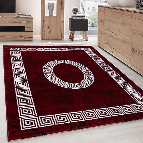 Carpettex Teppich Tapis de salon à poils courts - 140 x 200 cm - Rouge - Moderne - Design méandre - Moelleux - Extra doux - Lavable - Pour cuisine, salle à...