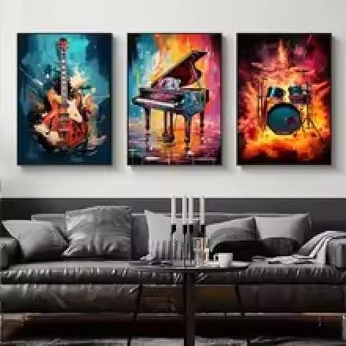 Peinture canvas instrument de musique triptyque moderne 30x50cm avec cadre noir