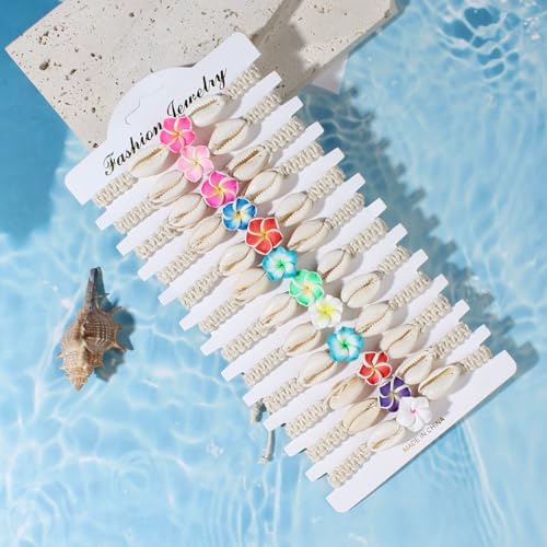 Pingyongchang 12Pcs Hawaiian Plumeria Rubra Seashell Bracelets Cute Handmade Flower Shell Starfish Braided Friendship Bracelet Set for Women Boho Beach Vacation Holiday Jewelry Gift4