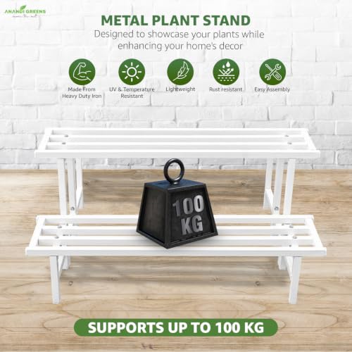 Image of Anandi Green's White Heavy Duty 2 Tier Metal Plant Stand for Grow Bags Planters and Pots Rust Resistant Plant Pot Holder Rack for Outdoor Balcony Indoor Living Room and Garden Supports Up to 100 kg