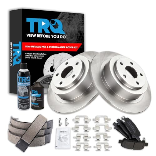 Image of TRQ Rear Brake Pad & Rotor Kit, with Chemical Kit Parking Brake Shoe Set Semi-Metallic Compatible with 2003-2006 Subaru Baja 2001-2004 Legacy 2003-2004 Outback