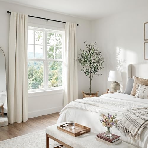 Image of 100% Blackout Shield Linen Blackout Curtains for Bedroom 84 Inches Long, Back Tab /Rod Pocket Living Room Drapes, Thermal Insulated Blackout Curtains 2 Panels Set, 50 inch W x 84 inch L, Beige White