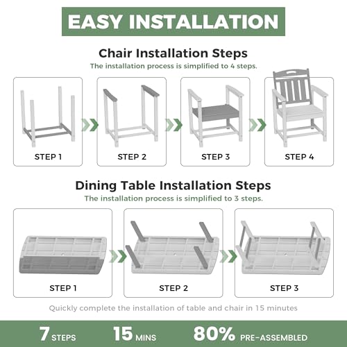 Image of HDPE Outdoor Dining Set, Patio Table and Chairs Set, All-Weather 7-Piece Outside Table and 6 Chairs, 2 inch Umbrella Hole, Outdoor Furniture for Garden, Poolside, Backyard, Deck | White