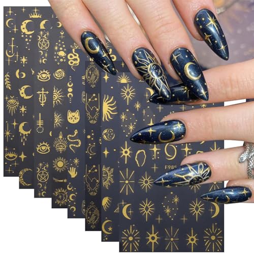 WOOXDYUK 8 Stück metallische silberne Sterne Nagelaufkleber, 3D Sonnenstern Nagelaufkleber, holografische Sonnensterne, Mond, Sternenlicht, DIY Dekorationen (Gold)