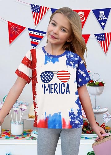 Image of CAZYCHILD Girls American Flag Patriotic Shirt Boys 4th of July Short Sleeves Tshirt USA Clothes for Kids 5-14Y