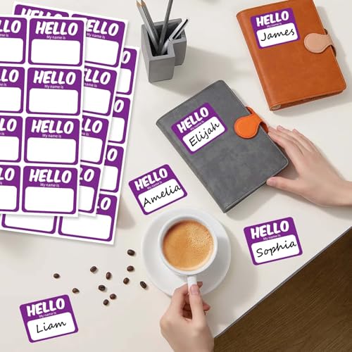 Image of 256 Pcs Name Tags Sticker 3 inchx2.5 inch Hello My Name is Stickers, Purple Name Labels Adhesive Identification Name Badges for School, Office, Meeting, Family Parties, Mailing
