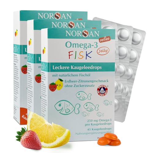 NORSAN Omega 3 FISK Jelly 45 3er Pack (3x 45 Jellys) - Omega 3 hochdosiert für Kinder (250 mg pro Kaugeleedrops) - hochwertiges Fischöl mit EPA & DHA - mit Zitrone-Erdbeer-Geschmack