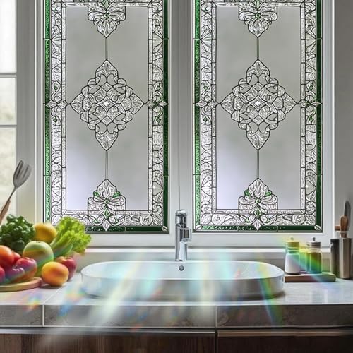 Image of Nuxovilar Sparkle Green Edged Vintage Pattern Window Film 17.7x39.4 PVC | Green Edged, Vintage Cling geometric pattern sticker, classic glass wrap for living room bedroom study (Vintage)