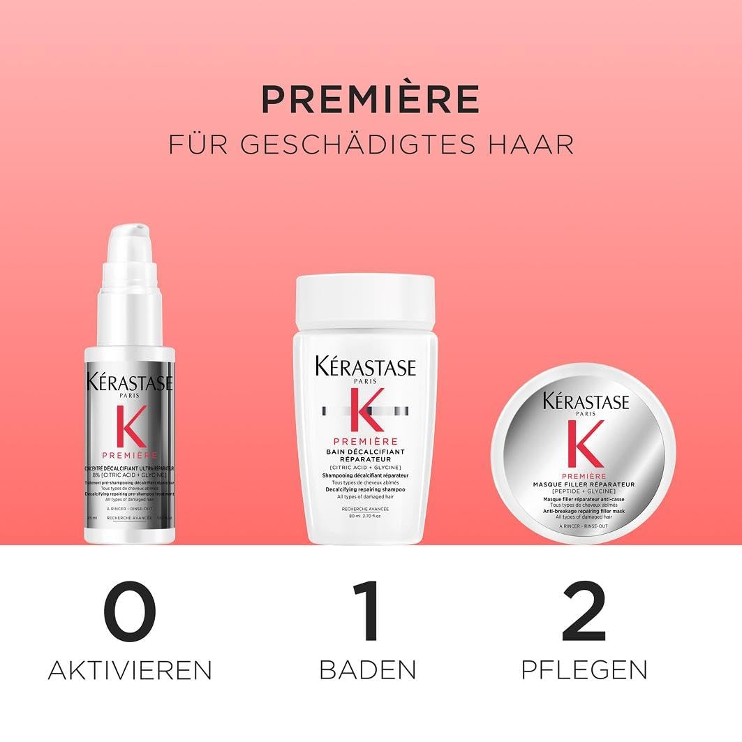 Kérastase, Première, Pflegeroutine mit Pre-Shampoo, Shampoo und Haarmaske für geschädigtes Haar, Concentré Décalcifiant Ultra-Réparateur, Bain Décalcifiant Rénovateur & Masque Filler Réparateur