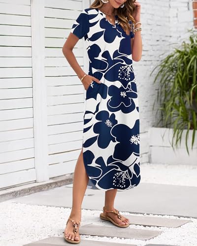 Image of MISFAY Women's Summer Maxi Dress 2026 Casual Short Sleeves V Neck Loose Sundress Split Long Beach T Shirt Dress