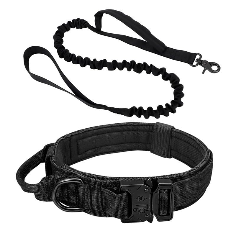 Dog Collar with Handle,Tactical Dog Collar and Bungee Lead Set,Adjustable Military Dog Collar with Quick Release Buckle,for Medium Large Small Dogs Trainning Hunting Walking Outdoors (M, Black)