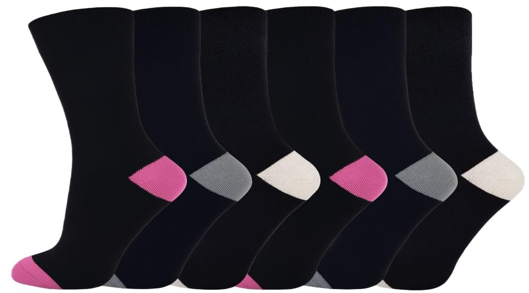 SOCK-TEC 6 Pairs Ladies Non Elastic Socks Diabetic Friendly Soft Cotton Wide Loose Top Grip UK 4-8 (Option 10)