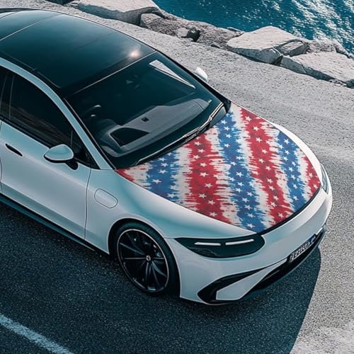 Image of Car Hood Cover All-Season Protection Car Hood Cover Protector Stretch American Flag Print Polyester Fabric Covers Removable Automotive Accessories Ft Fits Most Cars