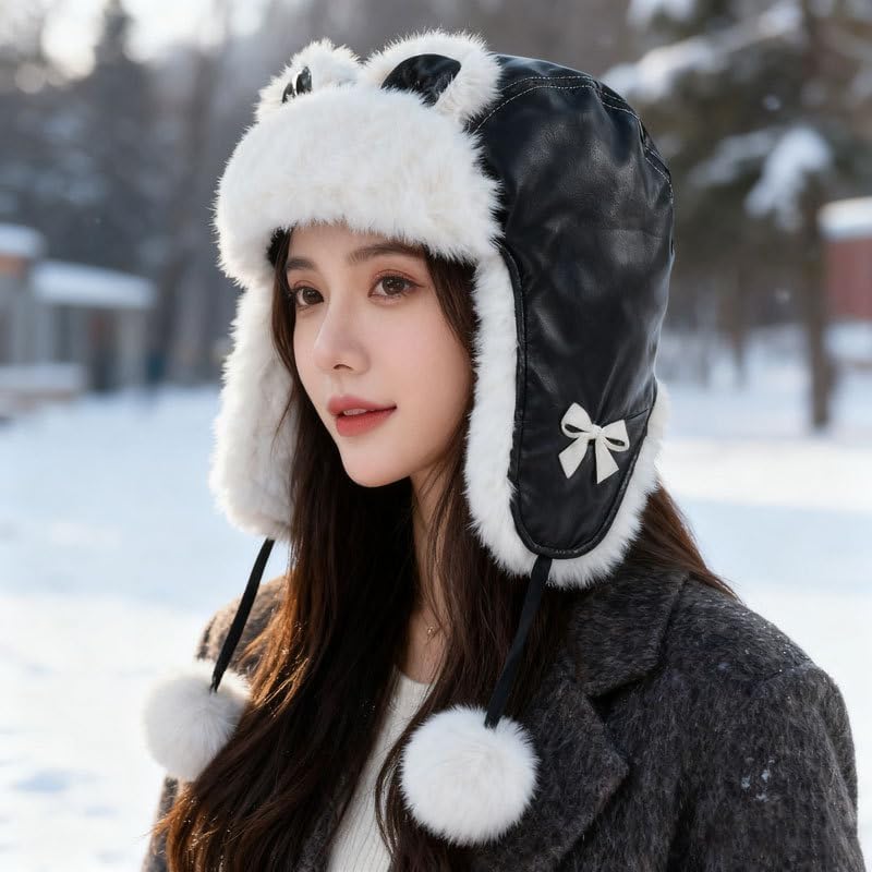 Bow Plush Lei Feng hat Women's Autumn and Winter Outdoor Warm and Cold Hairball Ear hat