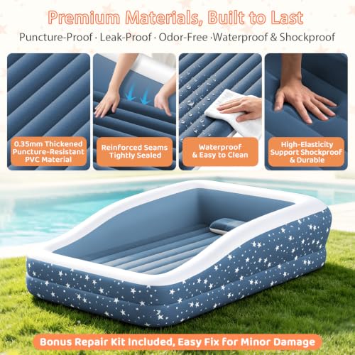 Image of Inflatable Toddler Bed for Travel Safety Guard Rails 300lb Capacity Blue | 360 Safety Rails prevent rolling. 20s fast inflation. Puncture-resistant PVC. Skin-friendly flocking. Ideal for travel