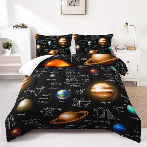 AILONEN Boys Solar System Twin Queen Size Comforter Set,Math Planet Galaxy Bedding Set for Room Decor,3 Pieces Kids Bed in a Bag Outer Space Print Comforter and 2 Pillowcases