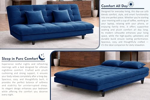 Image of Rosebell Modern Three-Seater Sofa Cum Bed Foldable Velevt Fabric Sofa, Seating, Stylish Design for Living Room, Guest Room & Office-Blue-Color