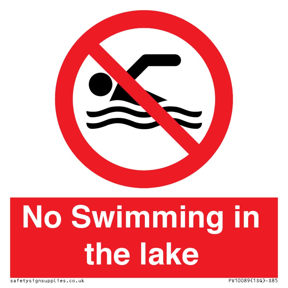 No Swimming in the lake Sign - 85x85mm - S85, Red/White