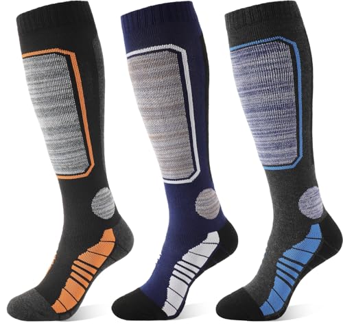 coclothy Merino Wool Ski Socks, 3 Pairs Knee-High Winter Snowboarding Long Socks