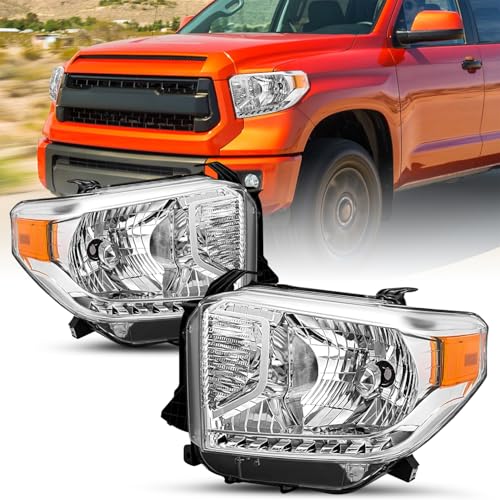 JSBOYAT Headlight Assembly Pair Fit for 2014 2015 2016 2017 Toyota Tundra Halogen Replacement Headlamps Chrome Housing Amber Reflector | NOT for Factory LED DRL | WITHOUT Level Adjuster