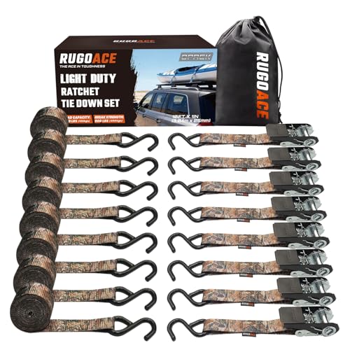 RUGOACE 8PK Ratchet Tie Down Straps 1 x 10ft 300lbs Load Capacity 900lbs Break Strength Durable for Moving Appliances Lawn Equipment Motorcycles Cargo Trucks Trailers & More Camouflage
