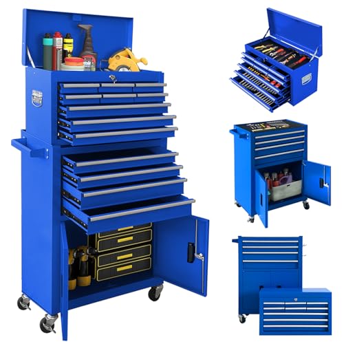SONLMIK 13-Drawer Rolling Tool Chest with Double Door Handle, 2-in-1 Detachable Metal Storage Cabinet with Wheels and Lock, Large Capacity Tool Box for Garage,Gift for Men Dad Husband Fathers(Blue)
