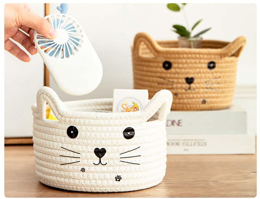 Image of Cat Basket Storage Woven Basket Organizer with Ears Decorative Cute Pet Toy Basket Cotton Rope Basket for Gifts Cartoon Baby Nursery Basket 8.3 x 4.7 inches,White