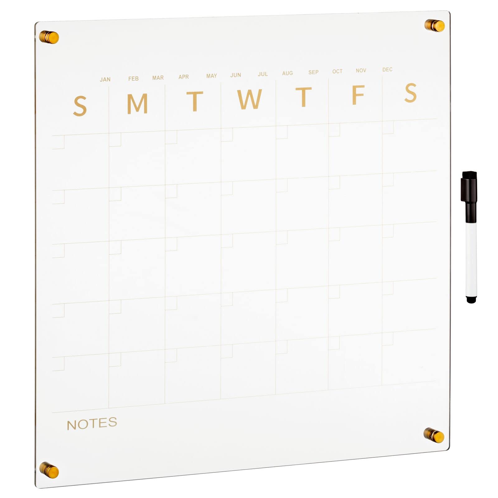 mDesign Modern Acrylic Calendar for Wall with Dry Erase Marker - Wall Mount Monthly Planner Board for Home, Office, Kitchen - 17.71" Square - Clear/Gold Print with Gold Finish Mounting Hardware