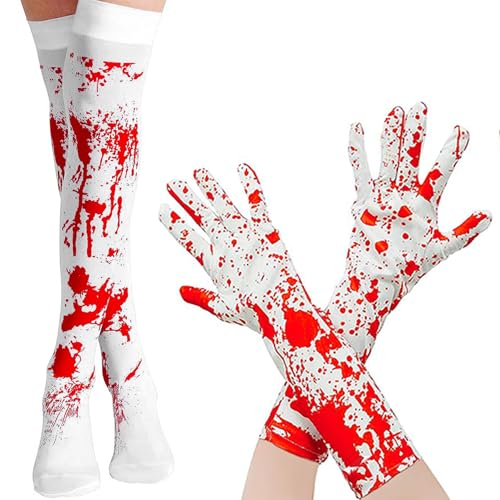 Halloween Blutige Handschuhe Socken Set, Sexy Krankenschwester Kostüm Accessoire Set, Frauen Sexy Krankenschwester Kostüm Zubehör, Horror Overknee...
