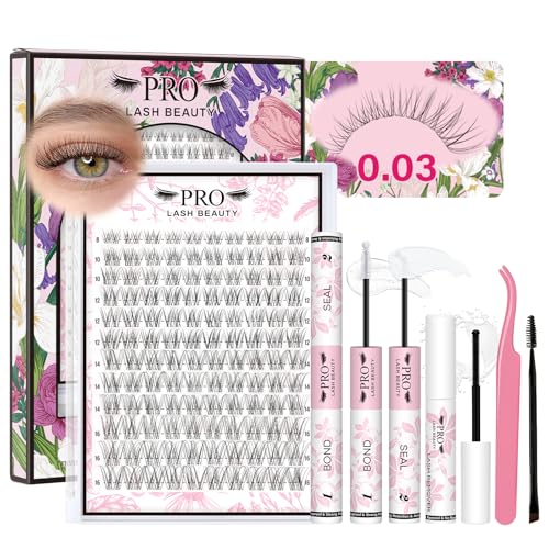 PROLASHBEAUTY Natural Lash Clusters Kit Wispy Lash Clusters Venus Ultra Thin Invisible Band Eyelash Clusters Kit Used 10 times with Clear Lash Bond and Seal Tweezer Remover (Venus Kit 8-16mix)
