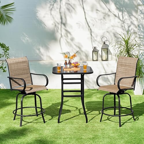 Yaheetech 3Pcs Outdoor Patio Bar Stools Set, Swivel Bistro Chairs with High Back and Armrest and 40.5" Height Metal Square Table All Weather Furniture Set for Cafes Yard Lawn and Garden