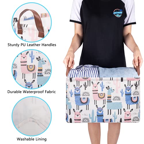 Image of Llama Storage Bin Basket Collapsible with Leather Handles Waterproof Canvas Storage Cube Box for Closet Toys Clothes Nursery Room Gift Basket