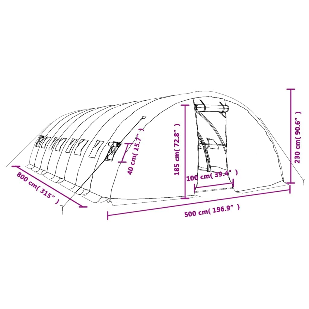 Invernadero con estructura de acero blanco, 40 m², 8 x 5 x 2,3 m, túnel de polietileno de 140 g m², cobertizo de jardín para tomates, cultivador, protección de plantas, clima y protección