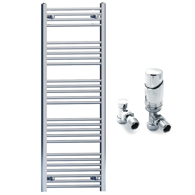 500mm Wide Straight Chrome Heated Bathroom Towel Rail Radiator With Valves For Central Heating UK (With TRV Angled Valves, 500 x 1400mm (h))
