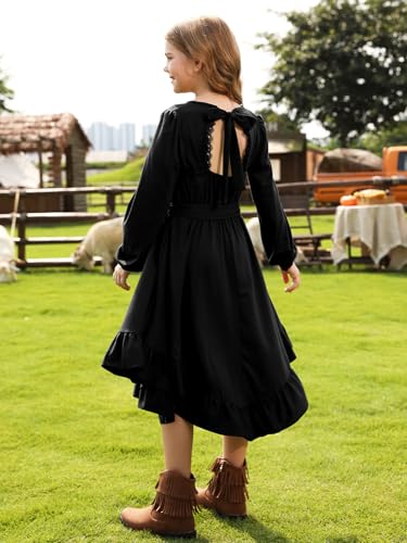 Girls Boho Dress Teen Long Sleeve Lace Backless Tie Back High Low Swing Pocket Dresses with Belt Size 5-16 Years