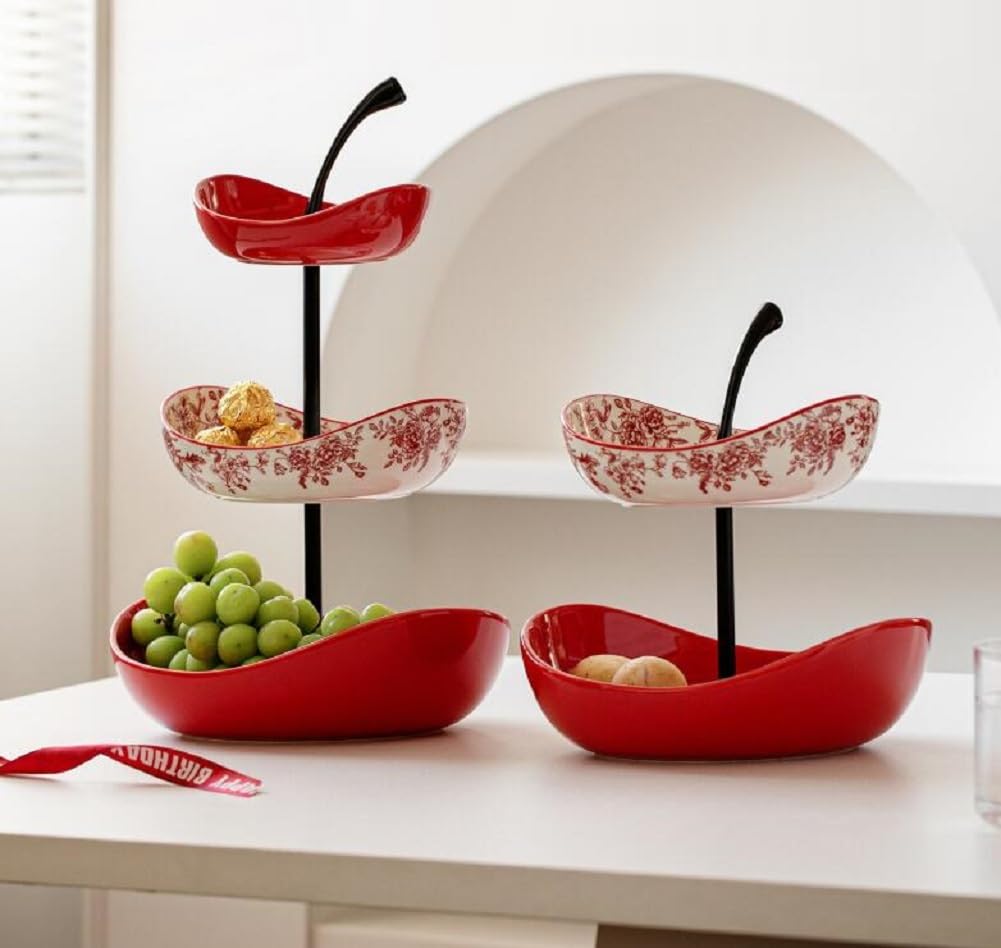 2-poziomowe ceramiczne miski na owoce na blat kuchenny z metalowym stojakiem, porcelanowy kosz na przekąski na warzywa, orzechy, chleb, cukierki, deser i tacę na ciasto