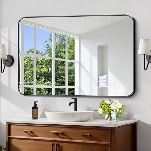 Image of Black Bathroom Mirror, 28x42 inch Aluminum Metal Frame Rectangular Vanity Mirror, Wall Mounted Rectangle Mirrors with Rounded Corner for Bedroom Living Room Hangs Horizontal Or Vertical