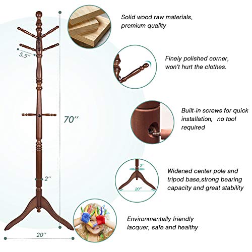 Vlush Free Standing Coat Rack, Wooden Coat Hat Tree Coat Hanger Holder Coat Hook Entryway Hall Tree With Solid Rubber Wood Base, 10 Hooks, Coffee #TOP3