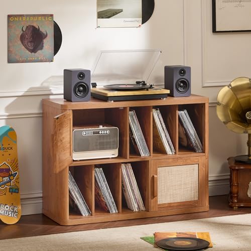 Image of LEYAOYAO Large Record Player Stand with Vinyl Storage Up to 450 Albums, 39.5 inch Wood Rattan Boho Record Storage Accent Cabinet, Modern Stereo Media Cabinets, Turntable Stand for Living Room, Tea Brown
