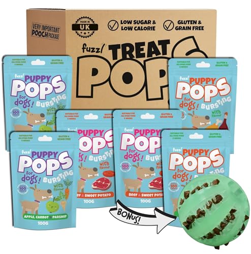 Fuzzl Puppy Treats with Bonus Glow Ball - Puppy Pops Variety Pack 2 x Beef & Sweet Potato 2 x Chicken & Duck 2 x Apple Carrot & Parsnip 6pk High Reward Dog Food Chews